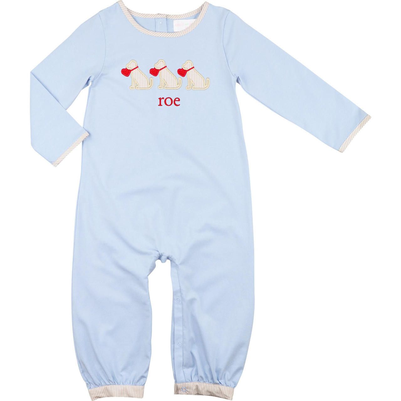 Blue And Khaki Gingham Valentine Puppies Long Romper