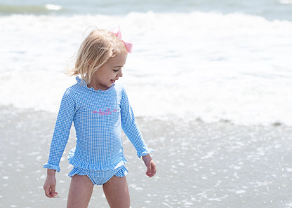 Blue Gingham Lycra Rashguard Swimsuit