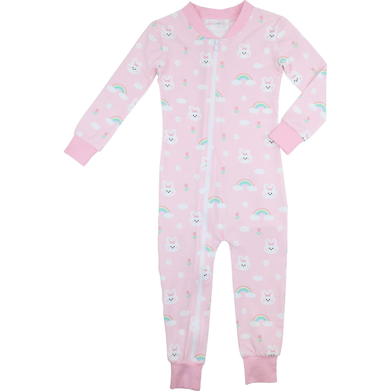 Pink Bunny And Rainbow Knit Zipper Pajamas