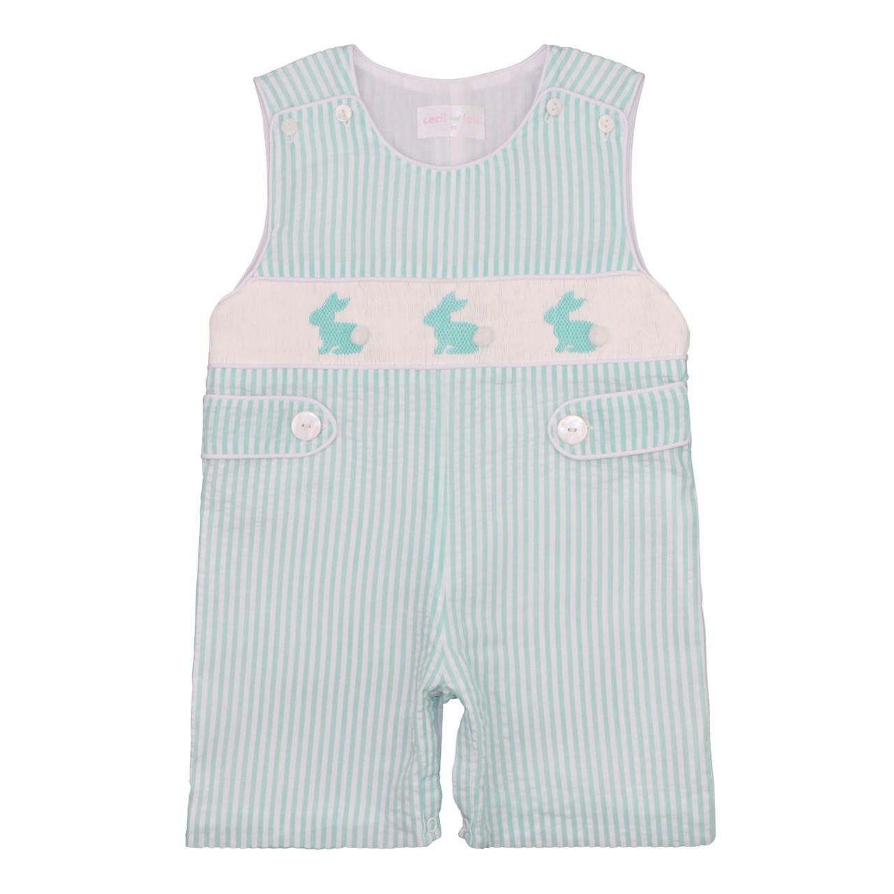 Mint Seersucker Smocked Bunnies Jon Jon