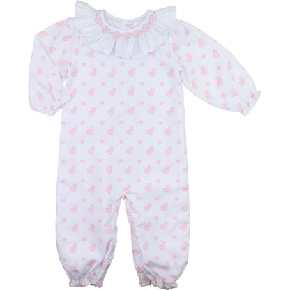 Pink Heart Print Smocked Long Bubble