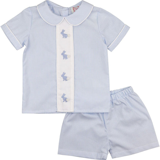 Blue Gingham Embroidered Bunnies Short Set