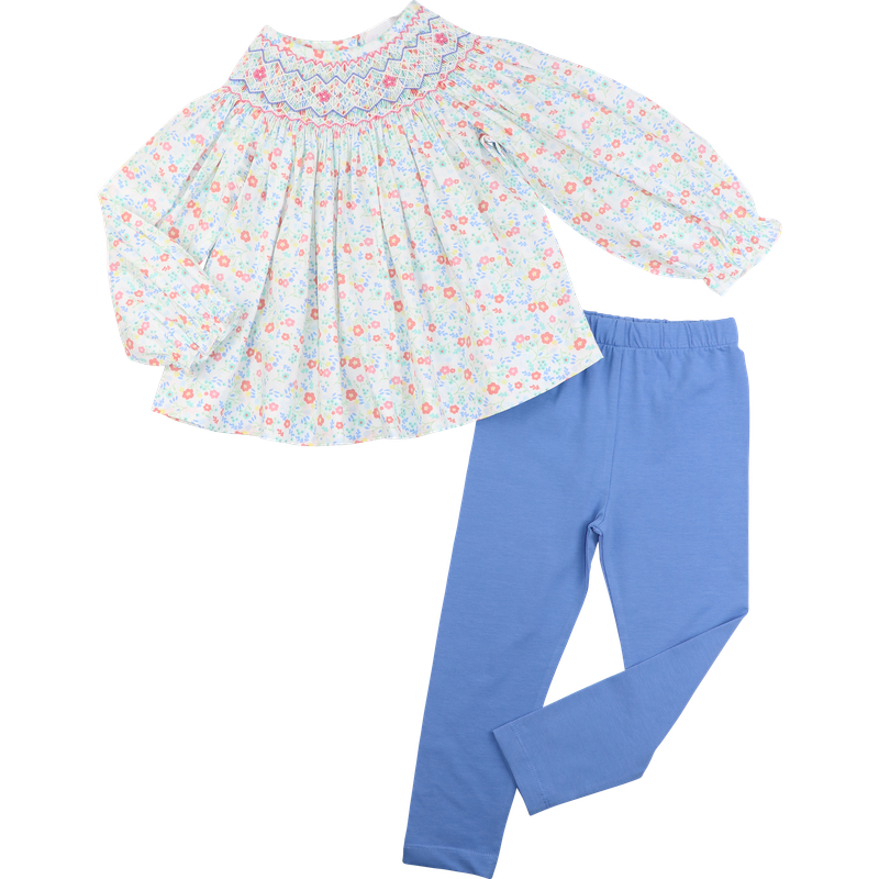 Pink And Blue Floral Smocked Legging Set