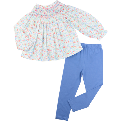 Pink And Blue Floral Smocked Legging Set