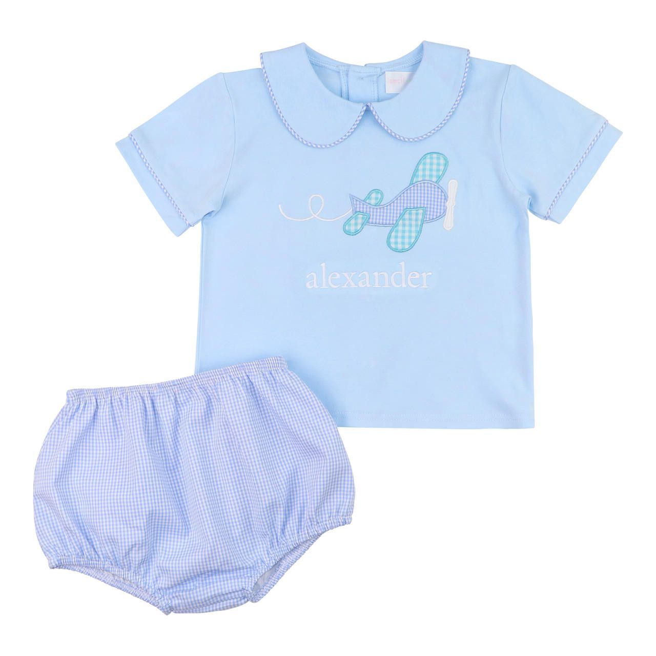 Blue Gingham Airplane Diaper Set