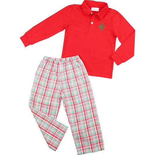 Red And Green Christmas Plaid Polo Pant Set