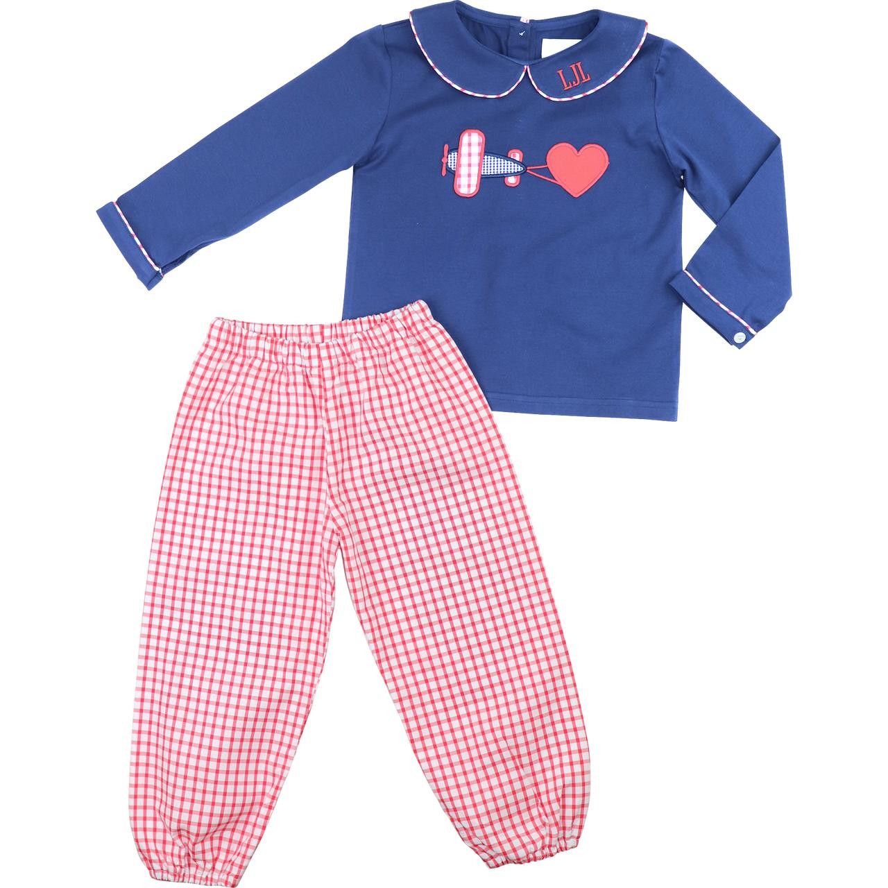 Navy And Red Windowpane Valentine Airplane Pant Set