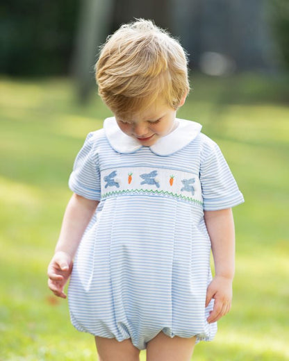 Blue Knit Stripe Smocked Bunny And Carrot Bubble