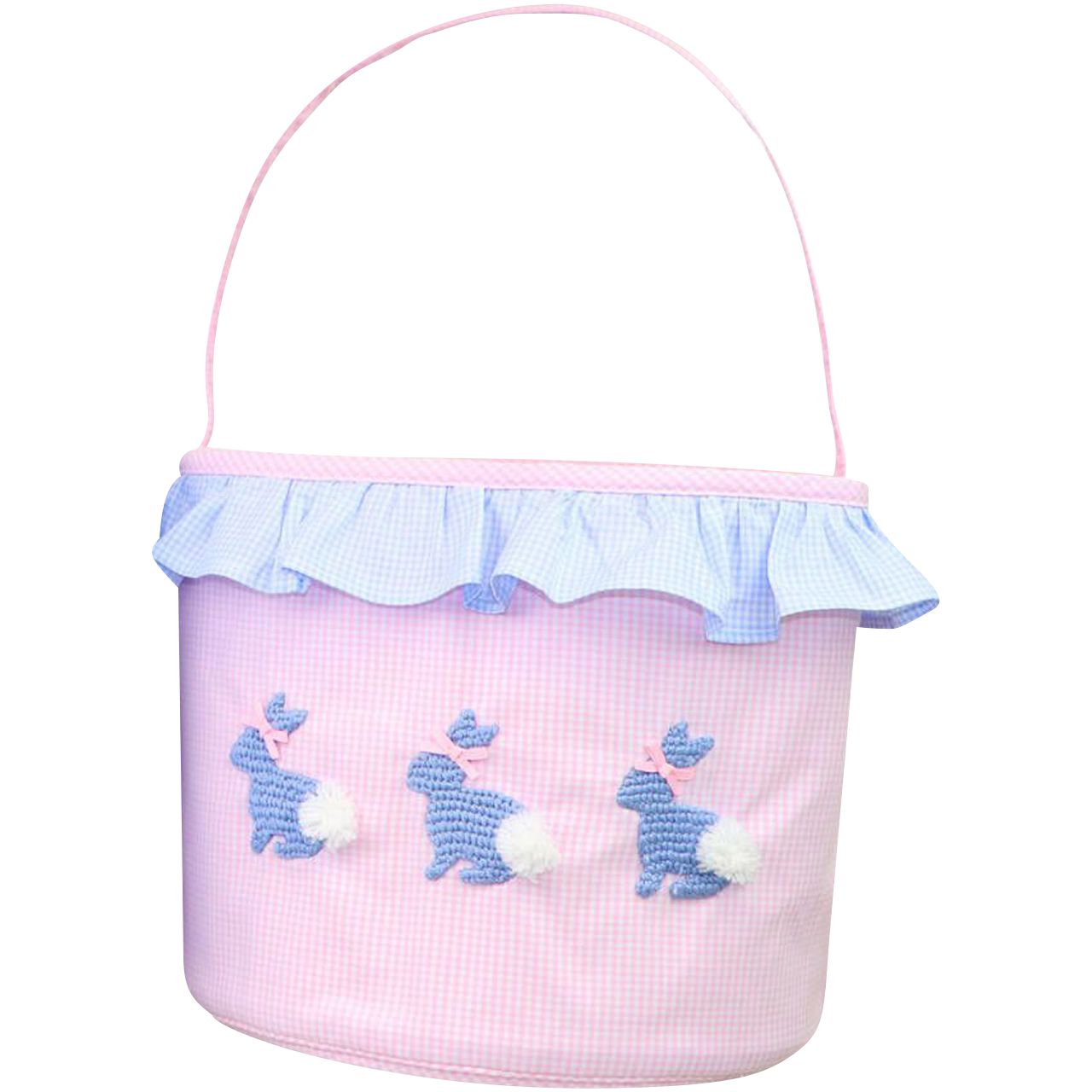 Pink And Blue Gingham Crocheted Bunnies Easter Basket