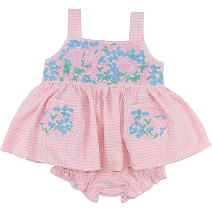 Pink Gingham Seersucker Embroidered Fiesta Diaper Set