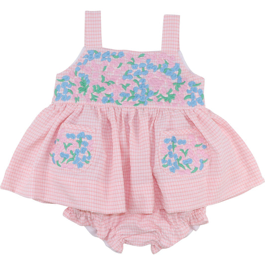 Pink Gingham Seersucker Embroidered Fiesta Diaper Set