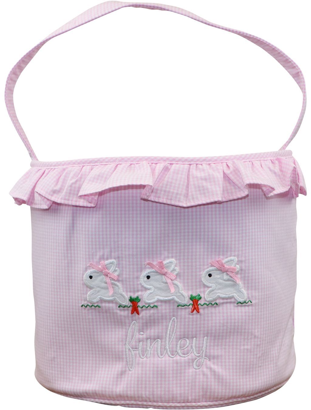 Pink Gingham Applique Bunnies Easter Basket