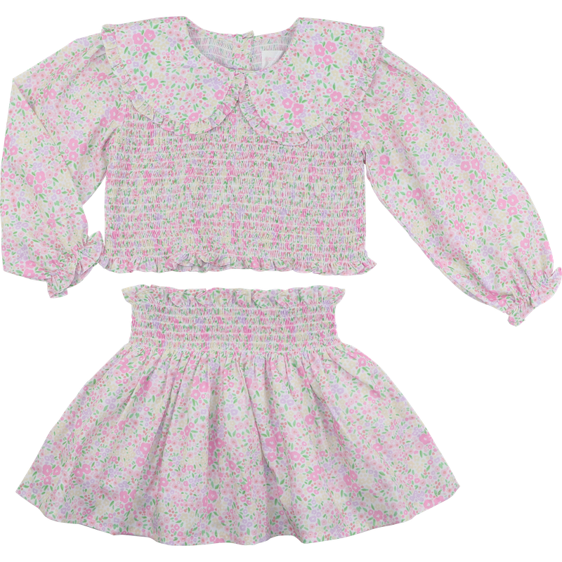 Pink Whimsical Floral Print Ruched Skirt Set