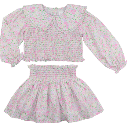 Pink Whimsical Floral Print Ruched Skirt Set