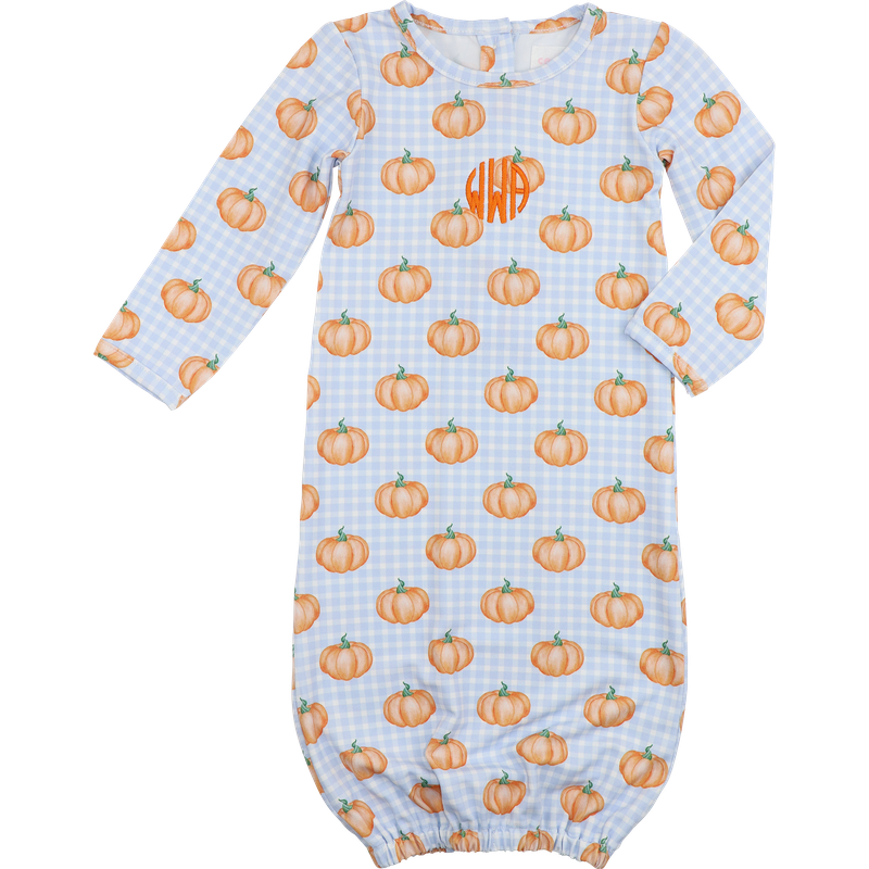 Blue Check Pumpkin Print Knit Baby Gown