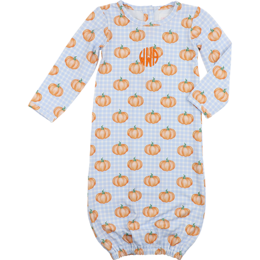 Blue Check Pumpkin Print Knit Baby Gown