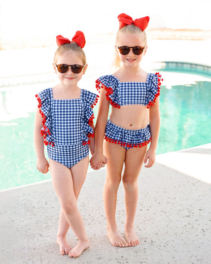 Navy Check Pom Pom Lycra Bikini