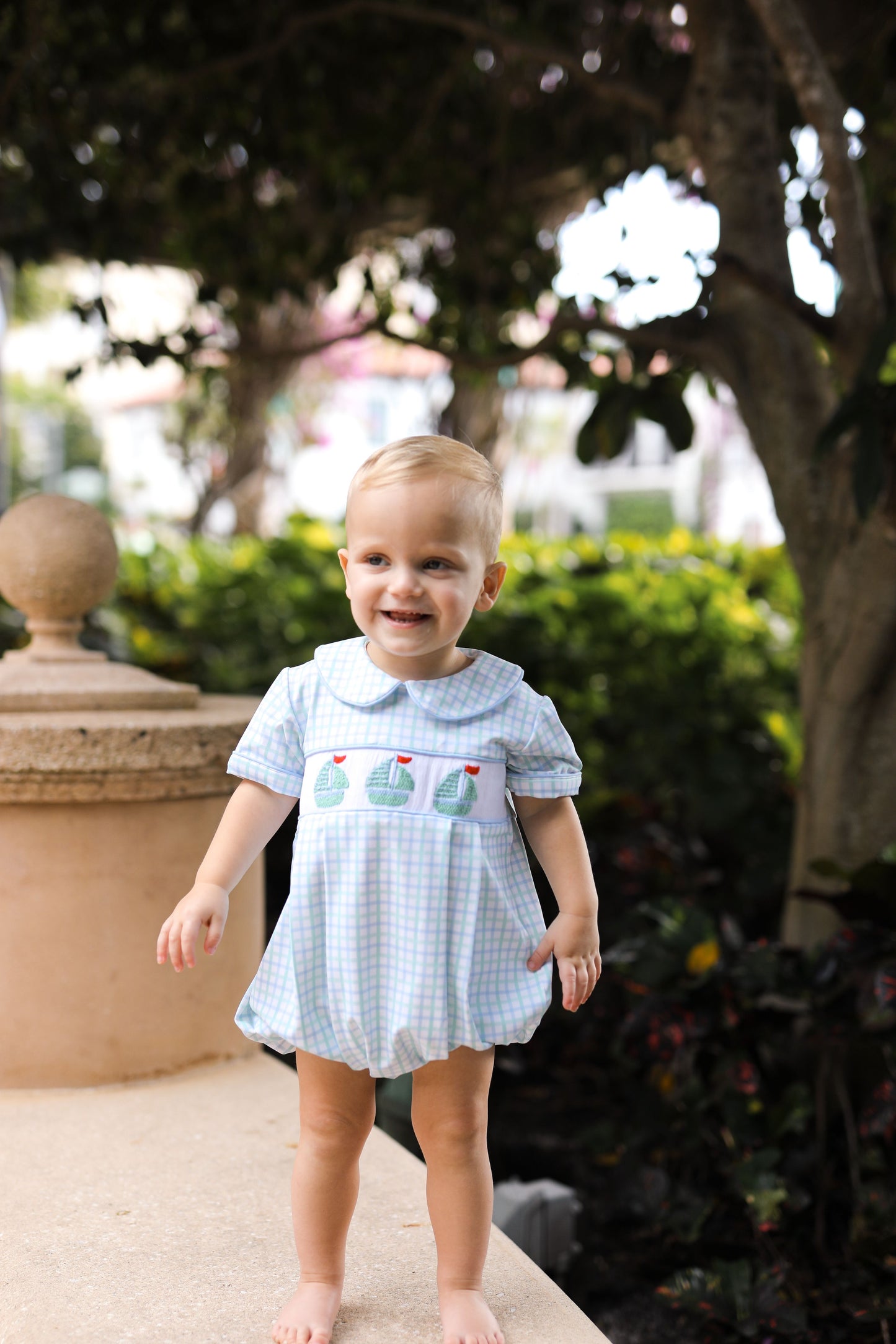 Blue And Green Windowpane Smocked Sailboats Bubble