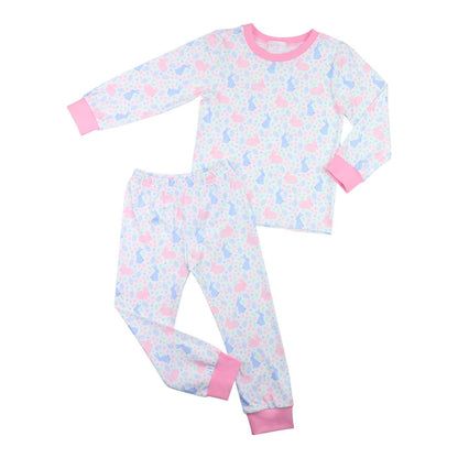 Pink And Blue Bunny Print Knit Pajamas