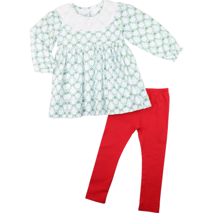 Green And White Christmas Holly Eyelet Legging Set