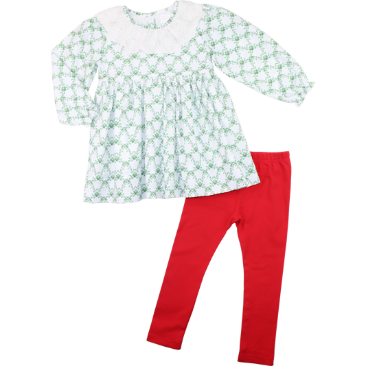 Green And White Christmas Holly Eyelet Legging Set