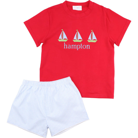 Blue And Red Applique Sailboats Short Set