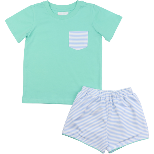 Mint And Blue Striped Knit Short Set