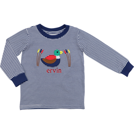 Navy Knit Stripe Applique Mallard Shirt