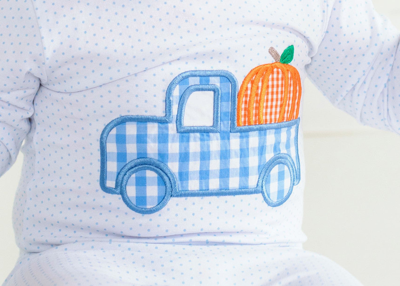 Blue Dot Knit Applique Truck And Pumpkin Long Romper