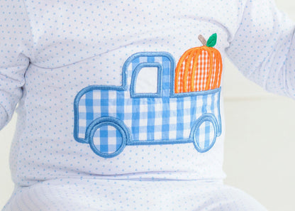 Blue Dot Knit Applique Truck And Pumpkin Long Romper