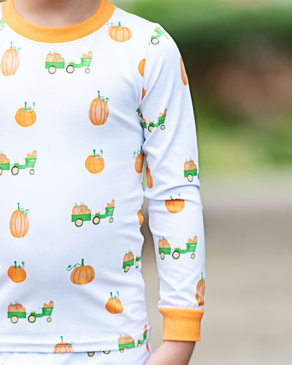 Tractor And Wagon Pumpkin Print Knit Pajamas