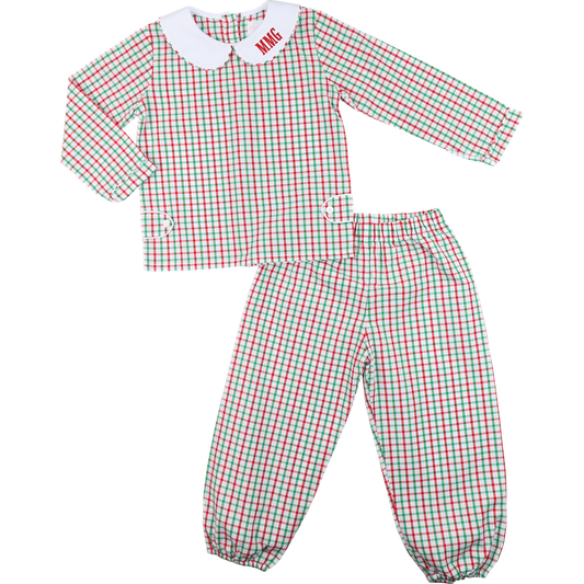 Red And Green Windowpane Ankle Pant Set