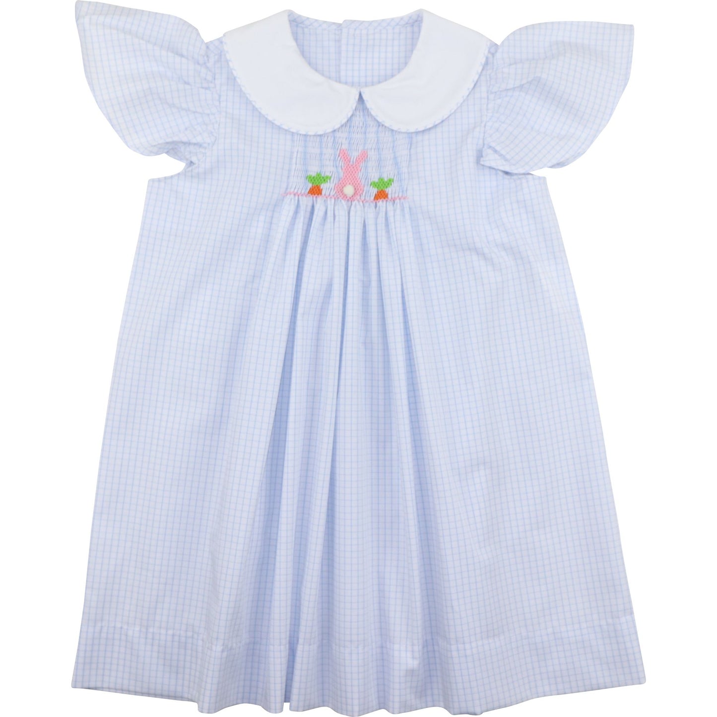 Blue Windowpane Smocked Bunny And Carrot Dress