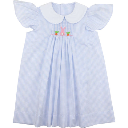 Blue Windowpane Smocked Bunny And Carrot Dress