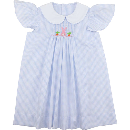 Blue Windowpane Smocked Bunny And Carrot Dress