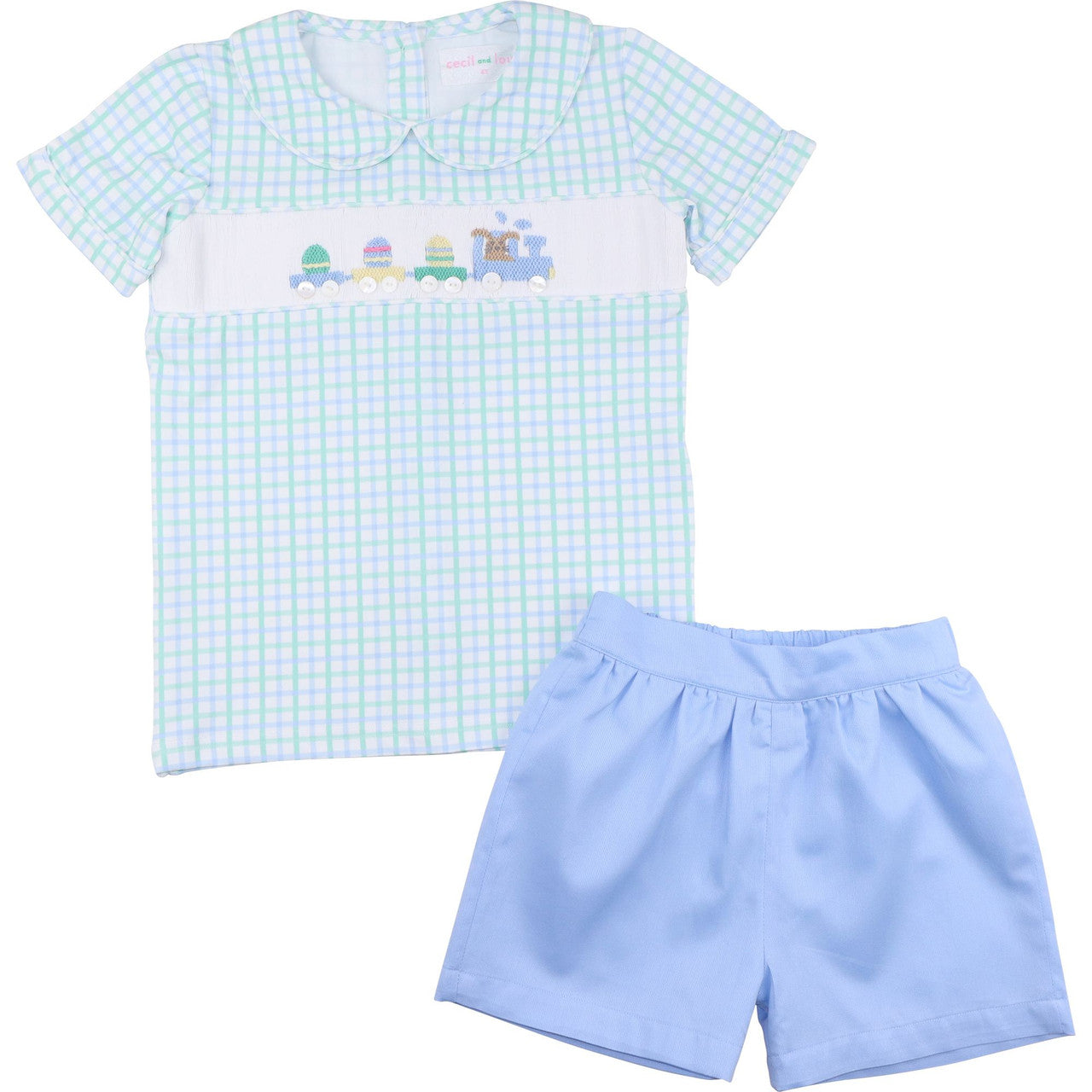 Blue And Mint Windowpane Smocked Easter Train Short Set