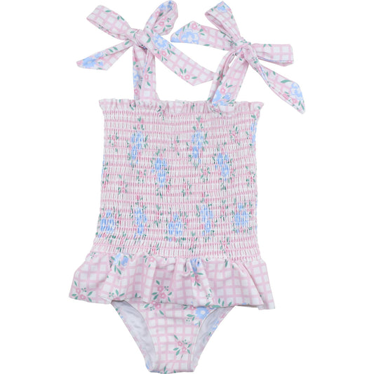 Floral Windowpane Smocked Lycra Shoulder Tie Swimsuit