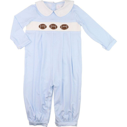 Blue Knit Gingham Smocked Football Long Romper