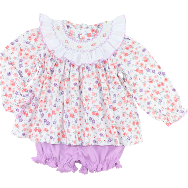 Lavender Floral Smocked Ruffled Collar Diaper Set