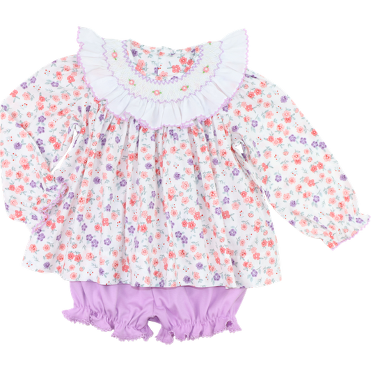 Lavender Floral Smocked Ruffled Collar Diaper Set