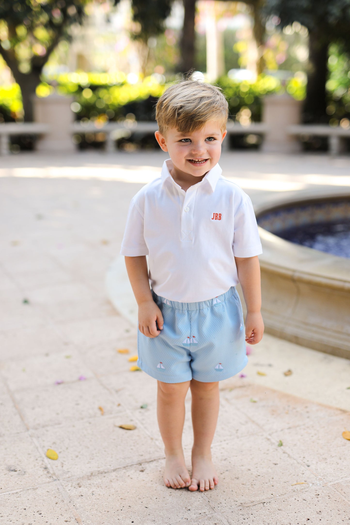 Blue Honeycomb Embroidered Sailboats Polo Short Set