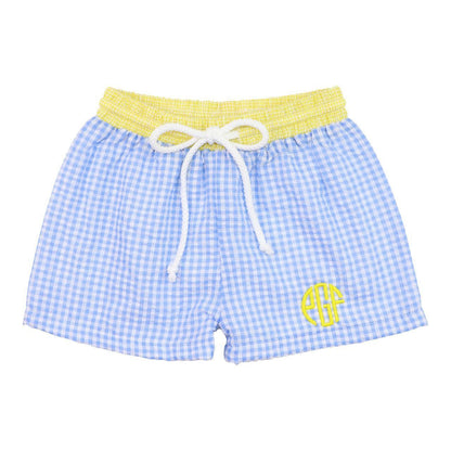 Blue And Yellow Seersucker Swim Trunks