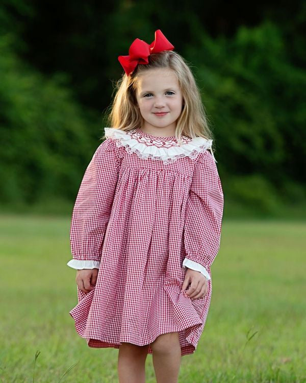 Red Gingham Smocked Ruffle Collar Dress