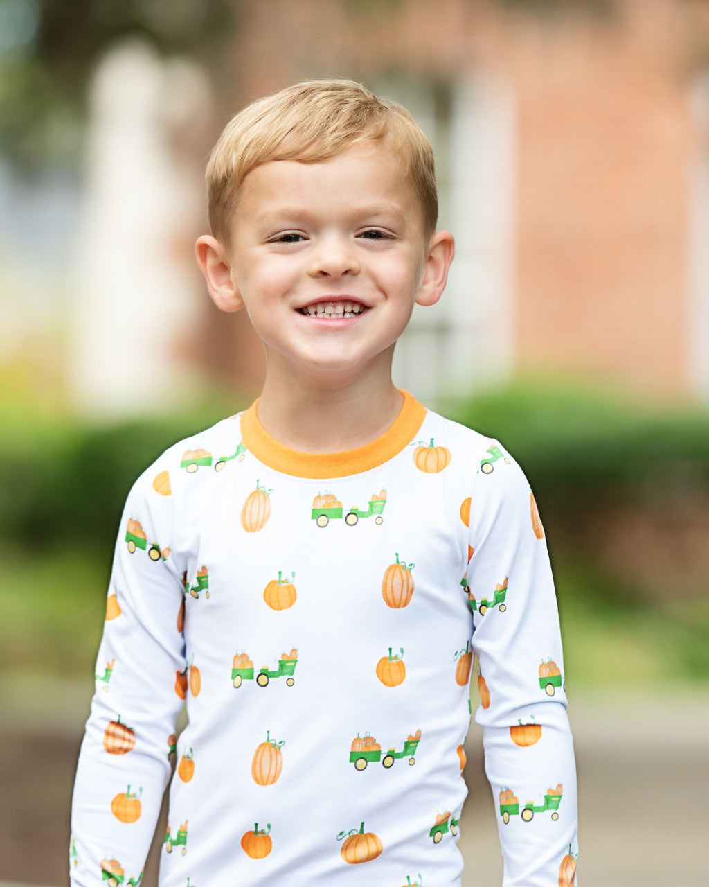 Tractor And Wagon Pumpkin Print Knit Pajamas