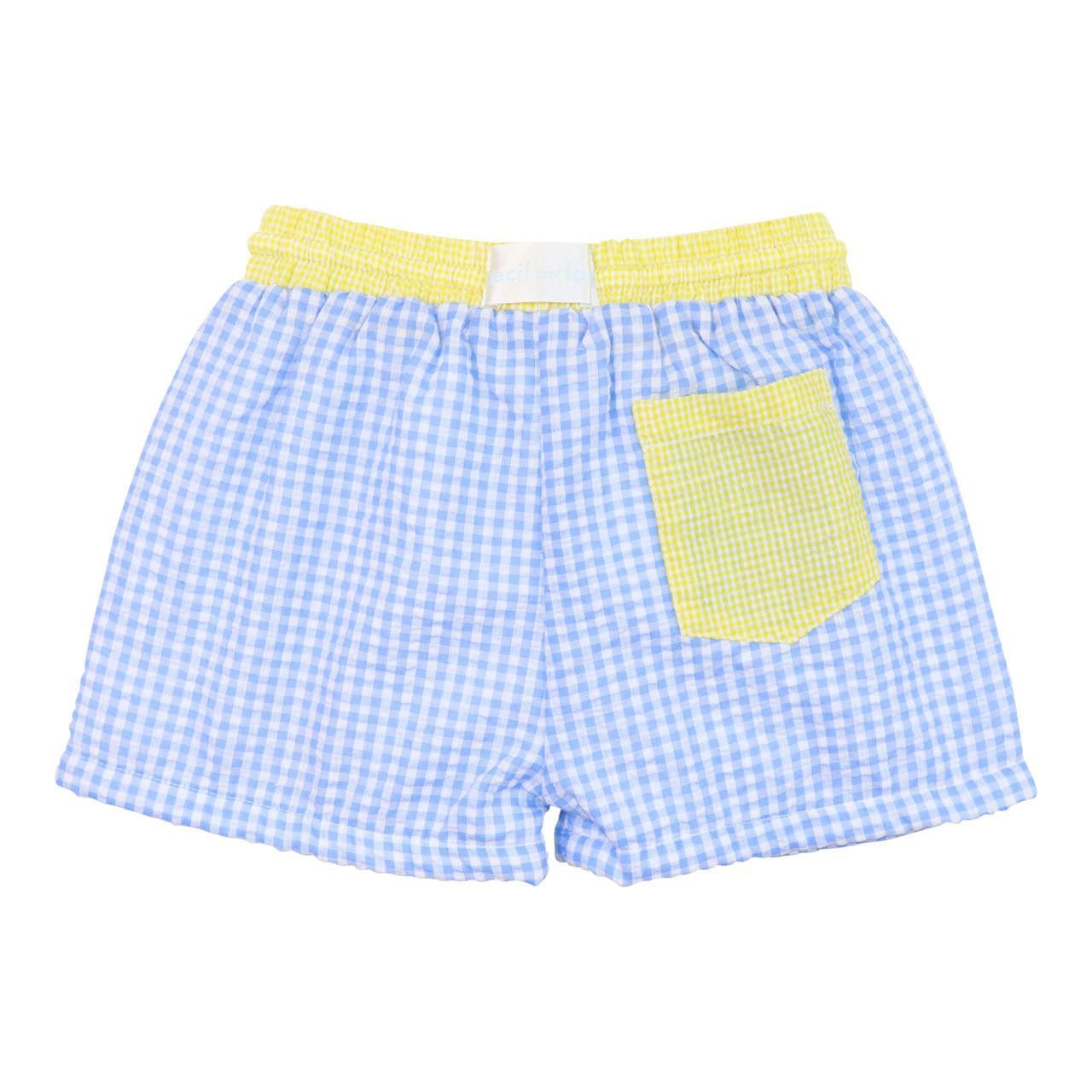 Blue And Yellow Seersucker Swim Trunks