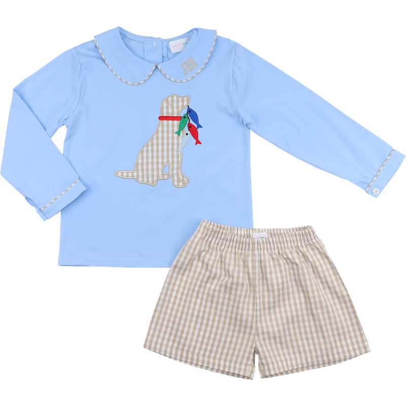 Blue And Khaki Check Dog And Fish Short Set