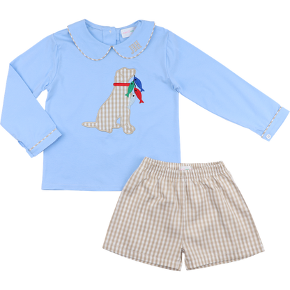 Blue And Khaki Check Dog And Fish Short Set