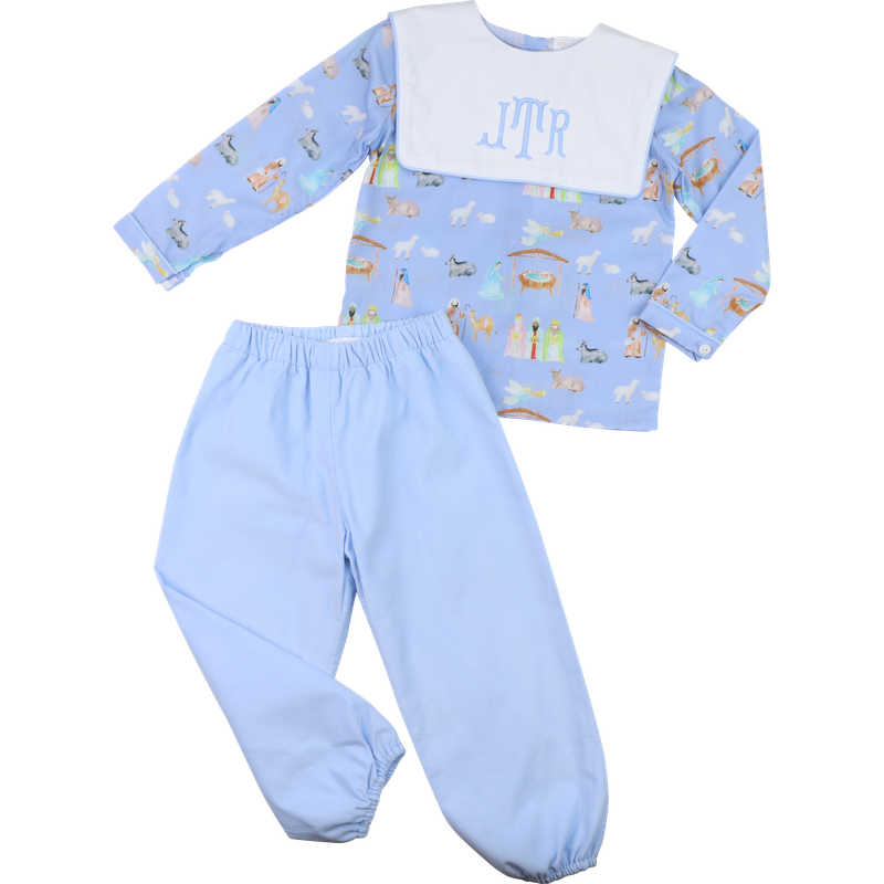 Blue Nativity Scene Corduroy Ankle Pant Set