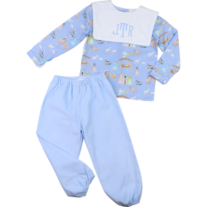 Blue Nativity Scene Corduroy Ankle Pant Set