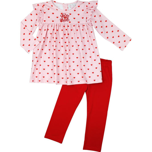 Pink And Red Heart Print Knit Legging Set